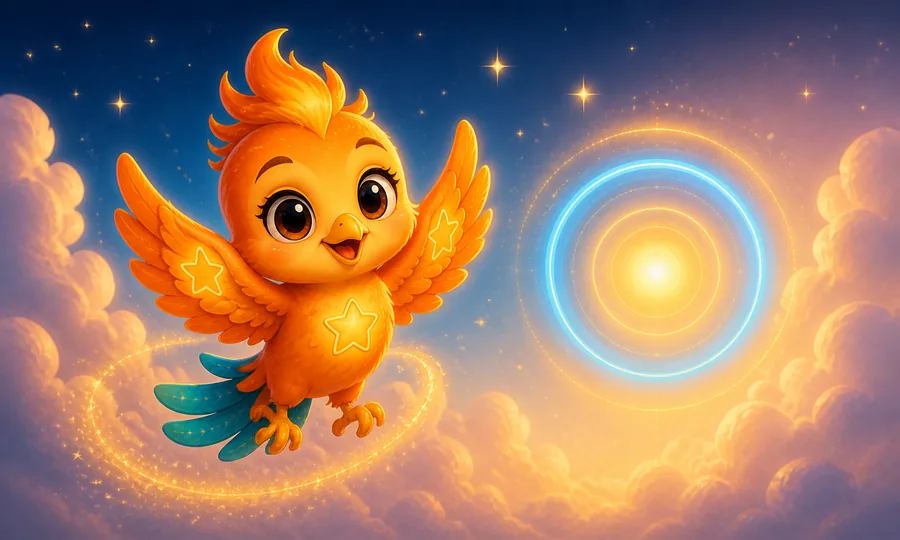 Pixi, a little golden phoenix, waving among the stars